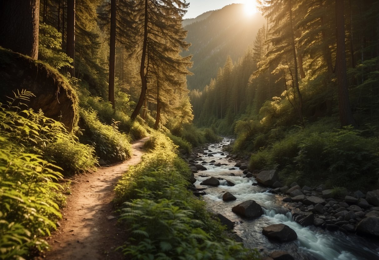 A winding trail cuts through a lush forest, leading to a breathtaking mountain vista. The sun casts a warm glow on the rugged terrain, while a clear stream glistens in the distance