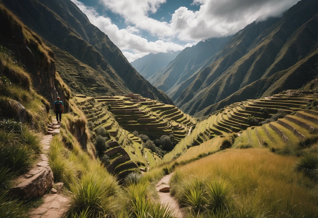 A winding trail cuts through lush green mountains, leading to ancient ruins and breathtaking vistas in the Inca Trail, Peru