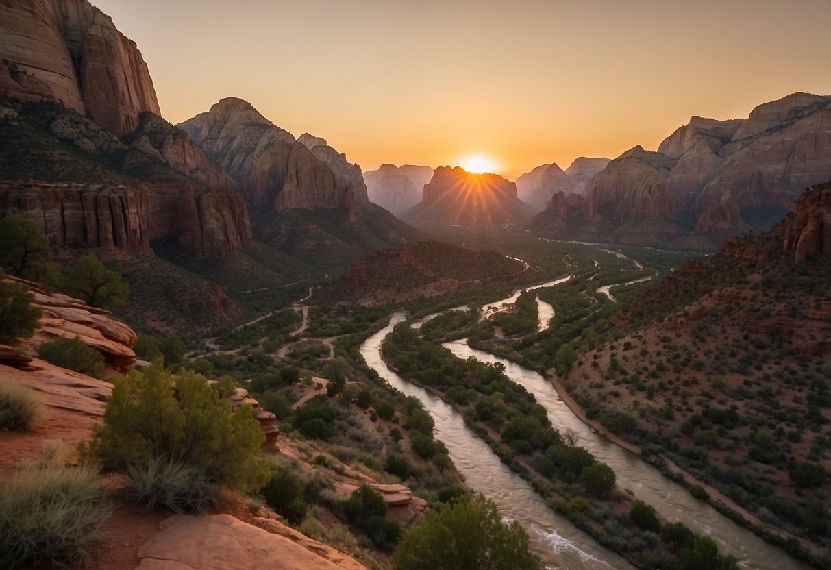 Sunset over Zion National Park, red cliffs and winding trails, surrounded by lush greenery and a flowing river