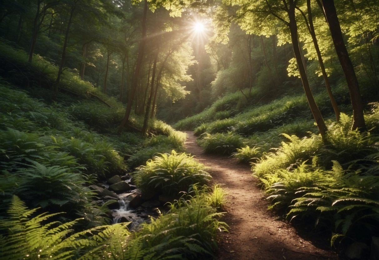 A winding trail cuts through lush forest, with sunlight filtering through the canopy. Mountains rise in the distance, and a clear stream flows alongside the path