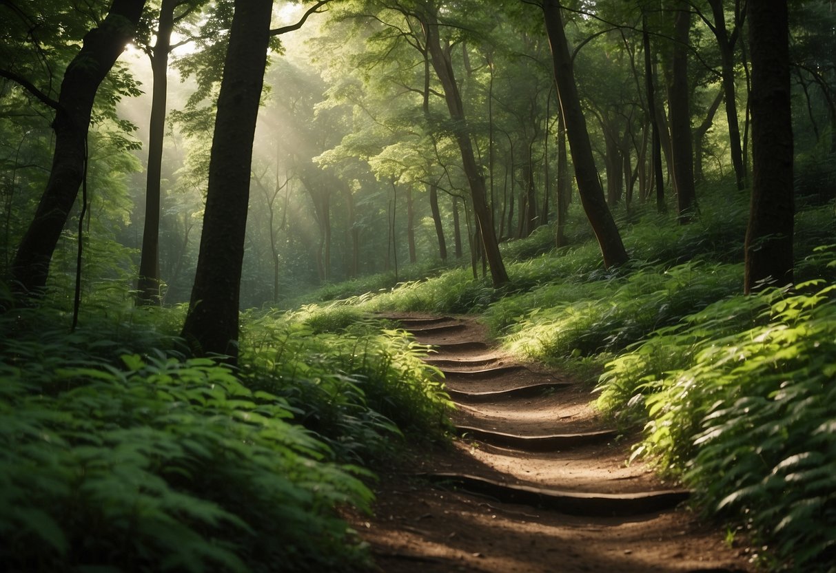 A lush, winding trail cuts through a dense forest, with vibrant green foliage and towering trees creating a picturesque scene. The trail is surrounded by untouched nature, showcasing the importance of environmental preservation