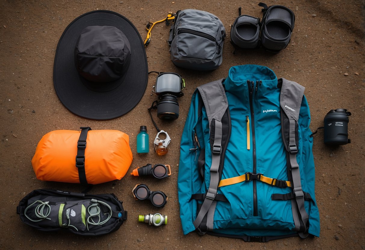 Trail running gear laid out neatly: hydration pack, trail shoes, lightweight clothing, hat, sunglasses, energy gels, and trail map