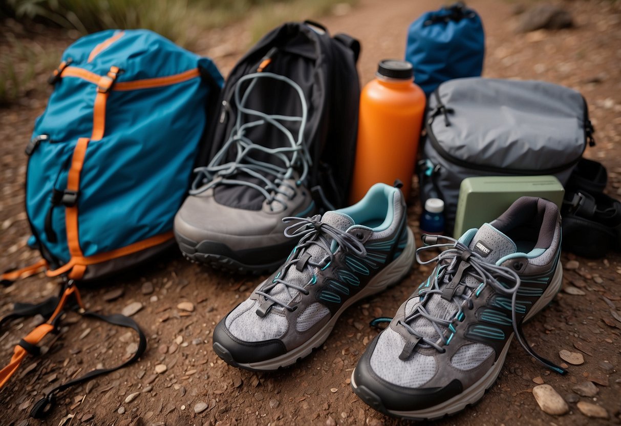 A pair of trail running shoes arranged neatly next to a backpack filled with essential items for a trail run. The shoes are surrounded by items like a water bottle, energy snacks, and a map