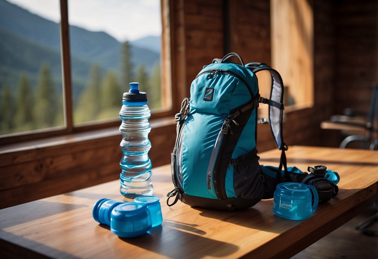 A hydration pack sits on a table, with a water bladder and multiple compartments. A trail running shoe and energy gels are nearby