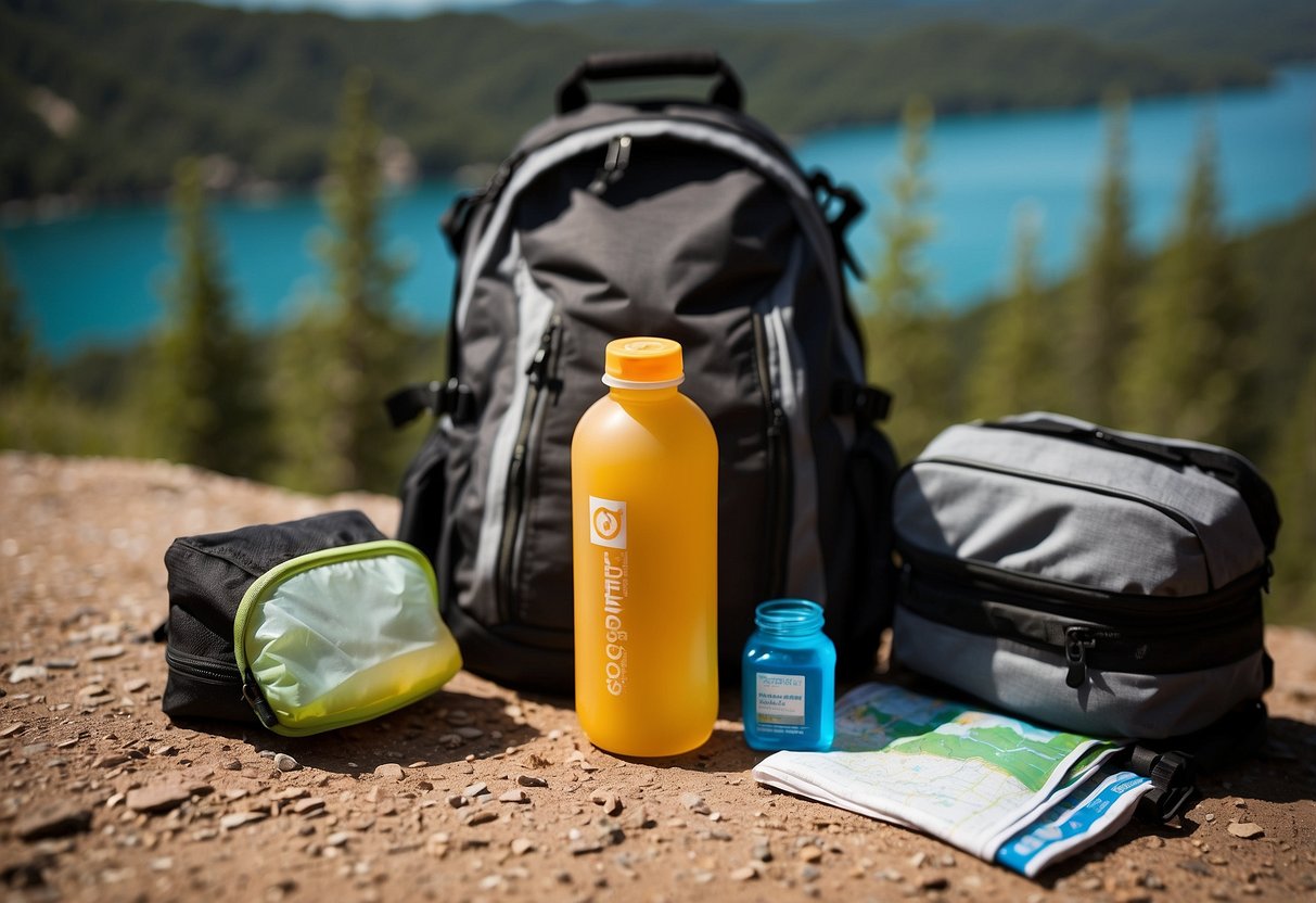 A sunscreen stick lying next to a trail running backpack, surrounded by a water bottle, energy gels, and a map