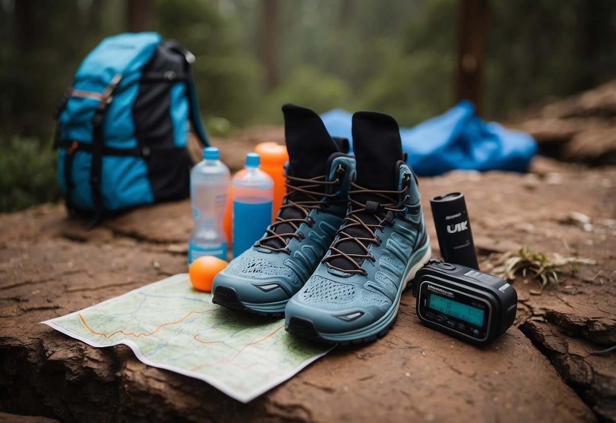 A pair of compression socks laid out next to a trail running backpack, water bottle, energy snacks, and a map