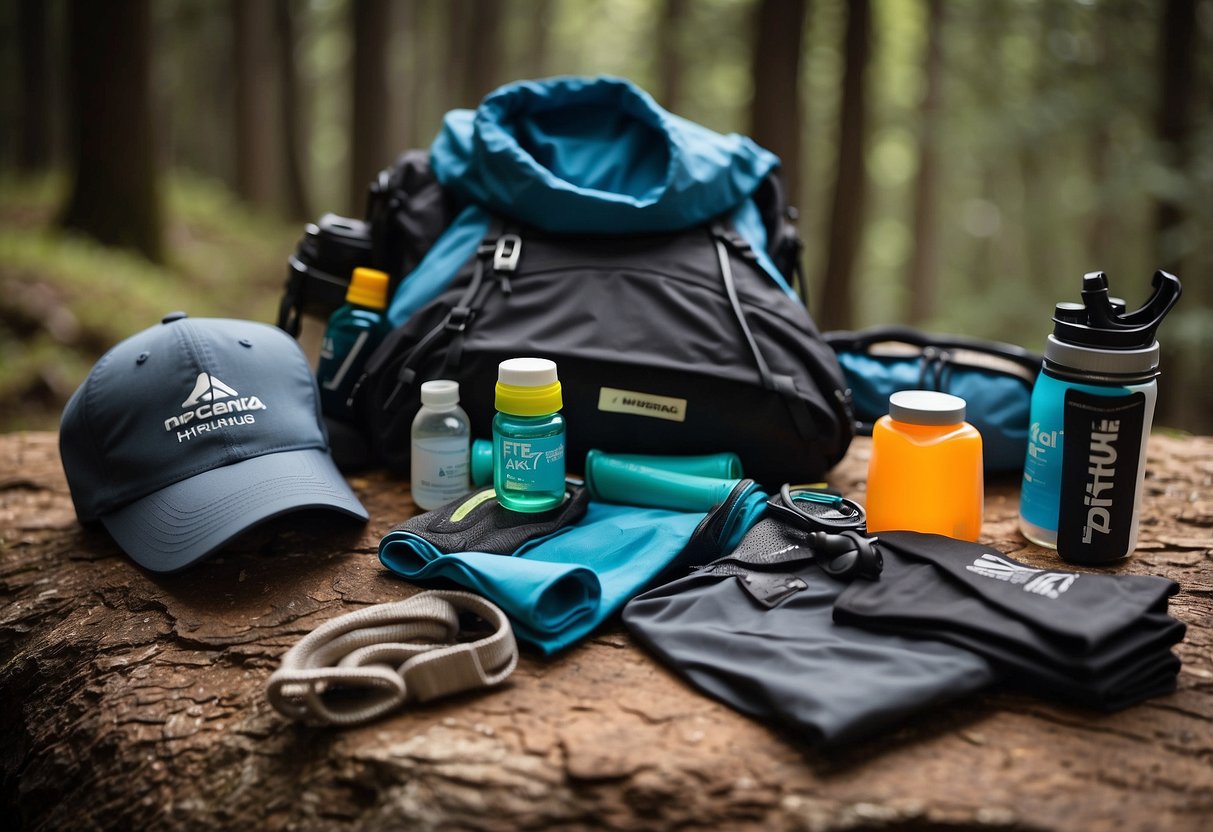 Trail running gear laid out neatly: shoes, hydration pack, energy gels, trail map, sunscreen, hat, and lightweight clothing