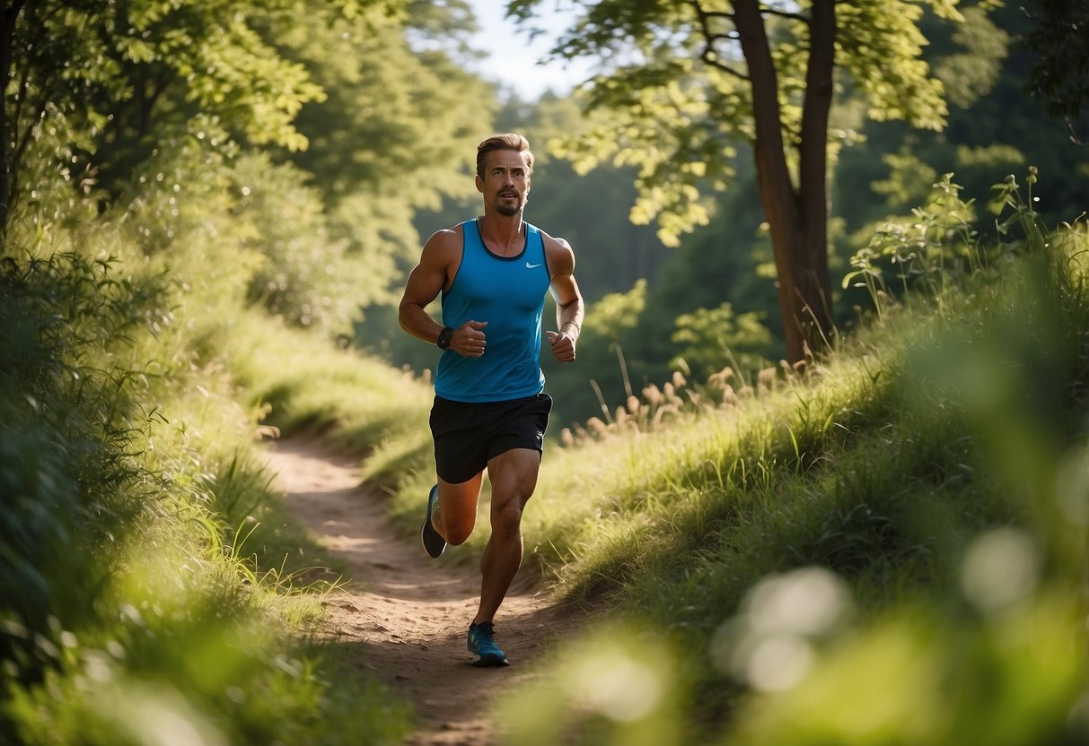 A bright, sunny day with a clear blue sky. A runner in lightweight, breathable clothing races along a winding trail, surrounded by lush greenery