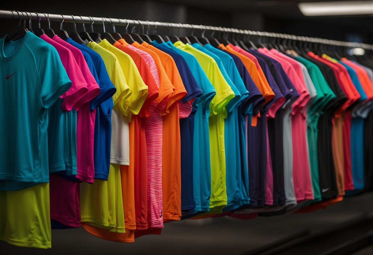 A vibrant Nike Dri-FIT Miler Running Top hangs on a sleek mannequin, surrounded by other lightweight running apparel. Bright colors and breathable fabrics catch the eye