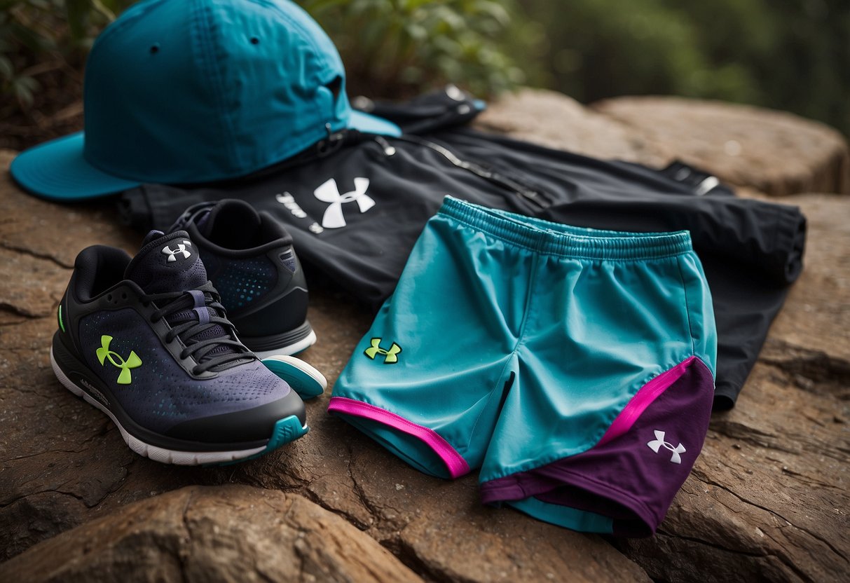 The scene features a pair of Under Armour Launch SW 5'' Shorts displayed alongside other lightweight running apparel