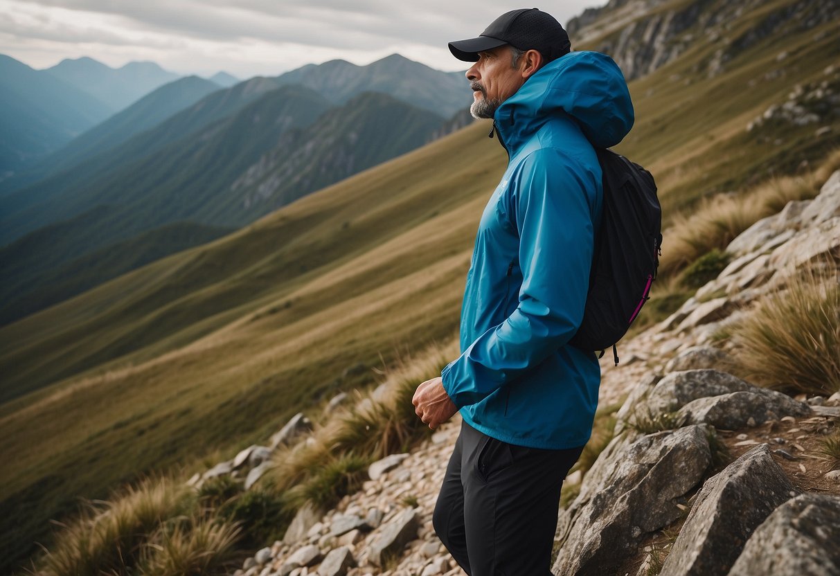 A rocky trail winds through a mountainous landscape. The Adidas Terrex Agravic Windbreaker is draped over a boulder, surrounded by lightweight running apparel