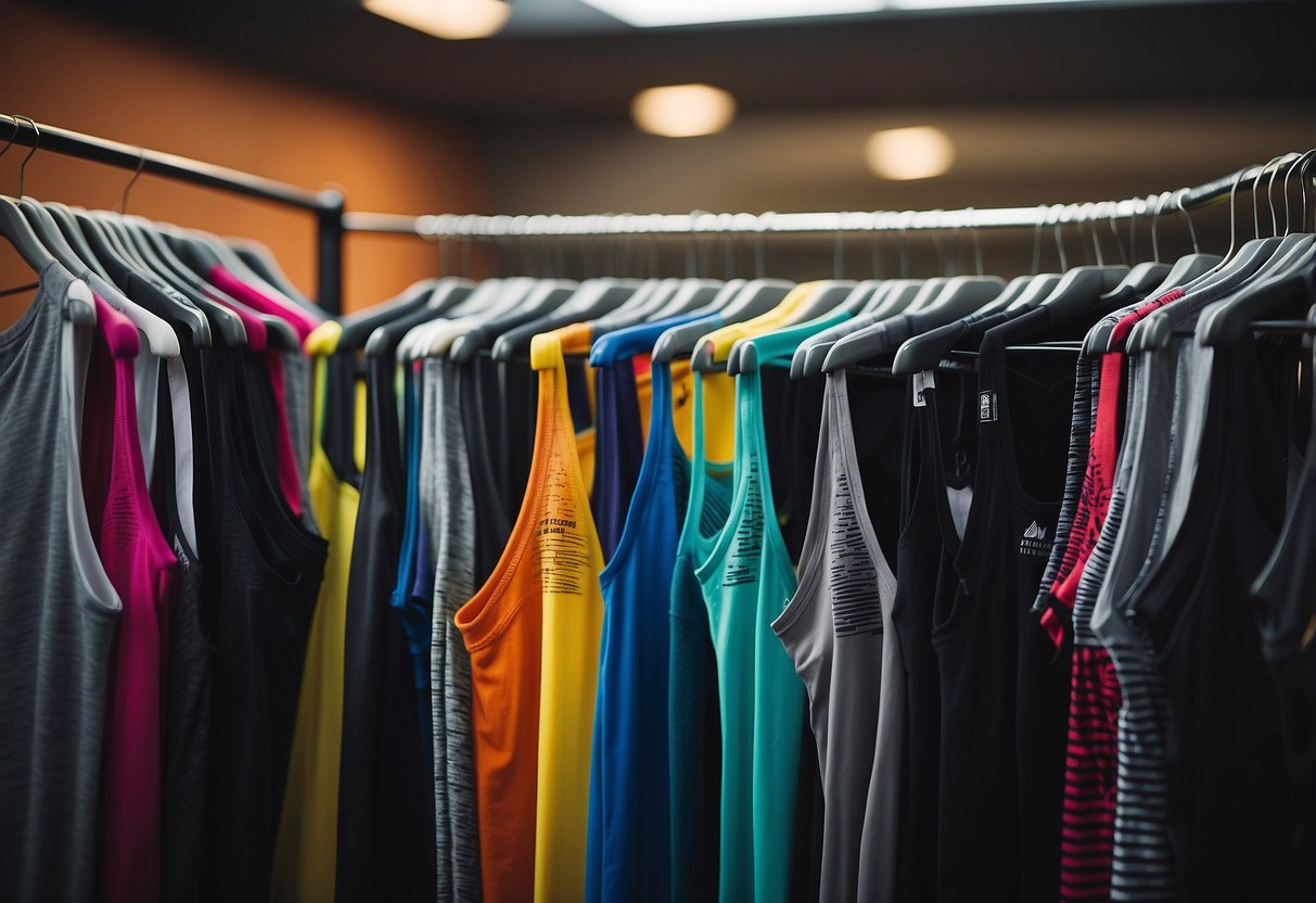 A colorful Brooks Distance Graphic Tank hangs on a sleek, modern clothing rack, surrounded by other lightweight running apparel