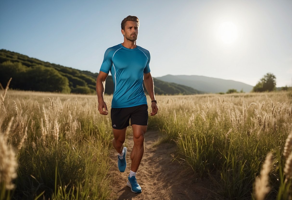 A bright, open field with a clear blue sky. A sleek, form-fitting running shirt and shorts, with breathable mesh panels and reflective details, laid out on a flat surface