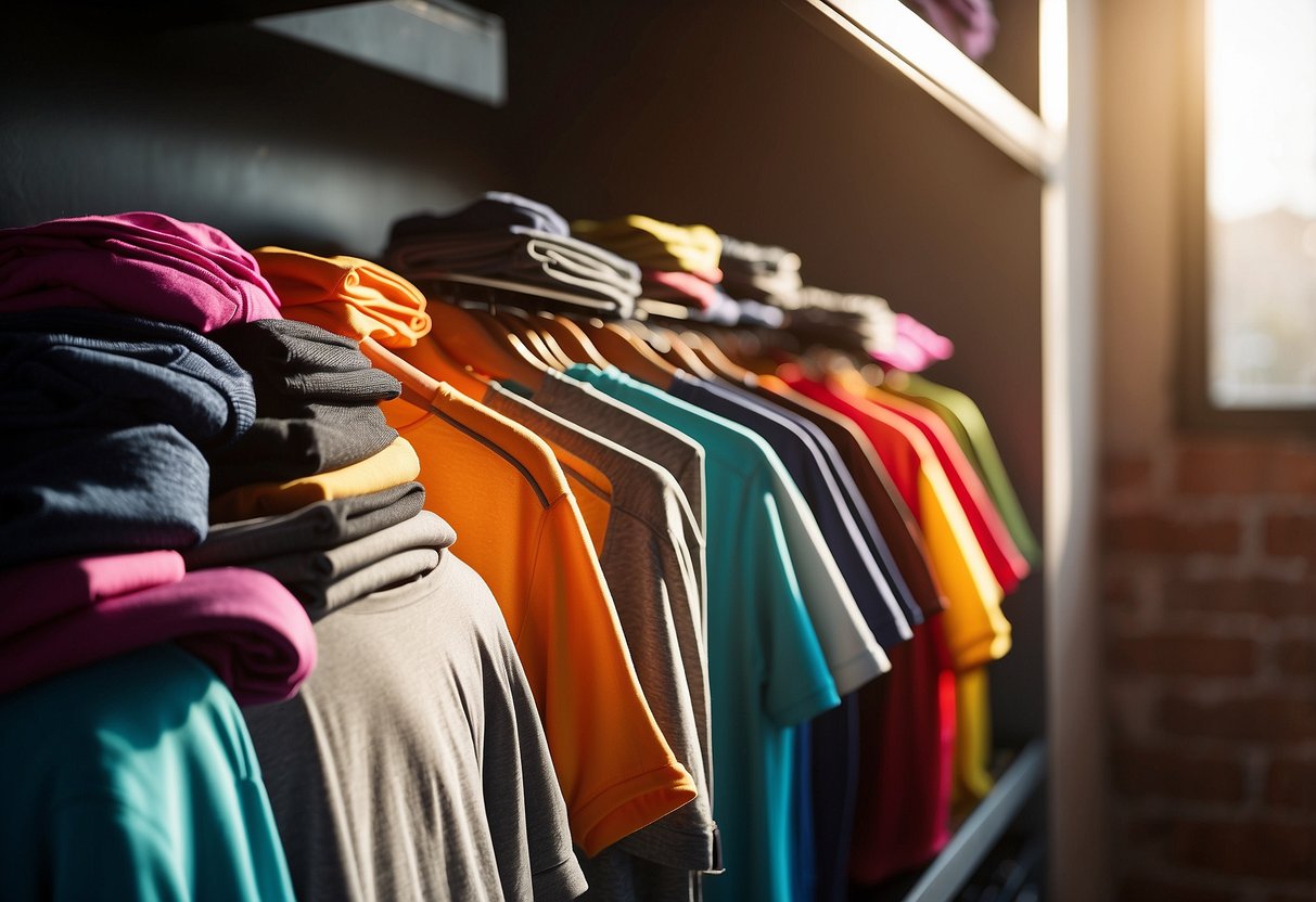 A hand reaches for a stack of lightweight running apparel, neatly folded on a shelf. Sunlight streams through a nearby window, casting a warm glow on the vibrant colors of the clothing