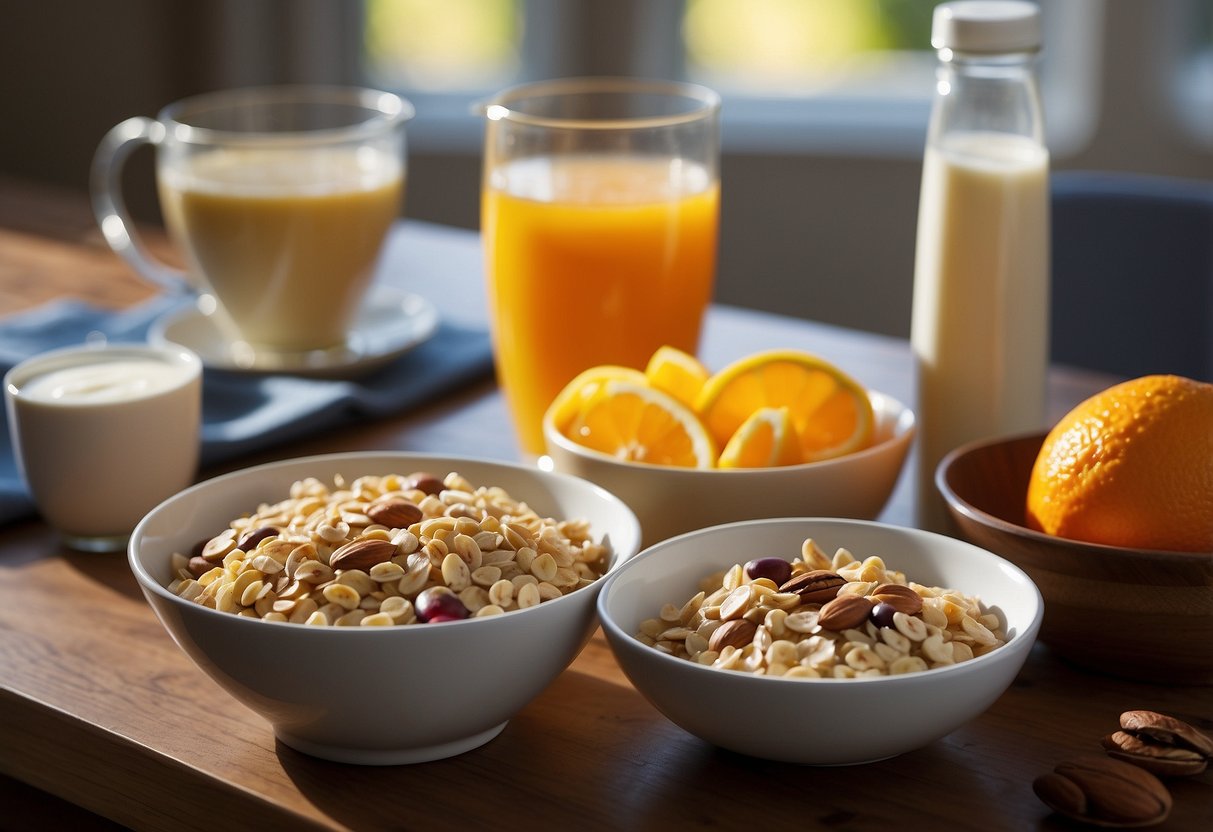 A table set with a variety of breakfast foods, such as oatmeal, fruit, yogurt, and nuts, with a glass of orange juice and a water bottle