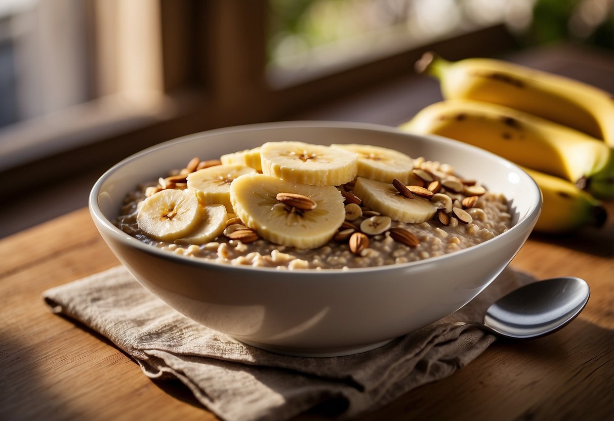 A bowl of oatmeal topped with sliced banana and almond butter sits on a wooden table, surrounded by a spoon and a napkin. The morning sunlight streams in through a nearby window, casting a warm glow over the scene