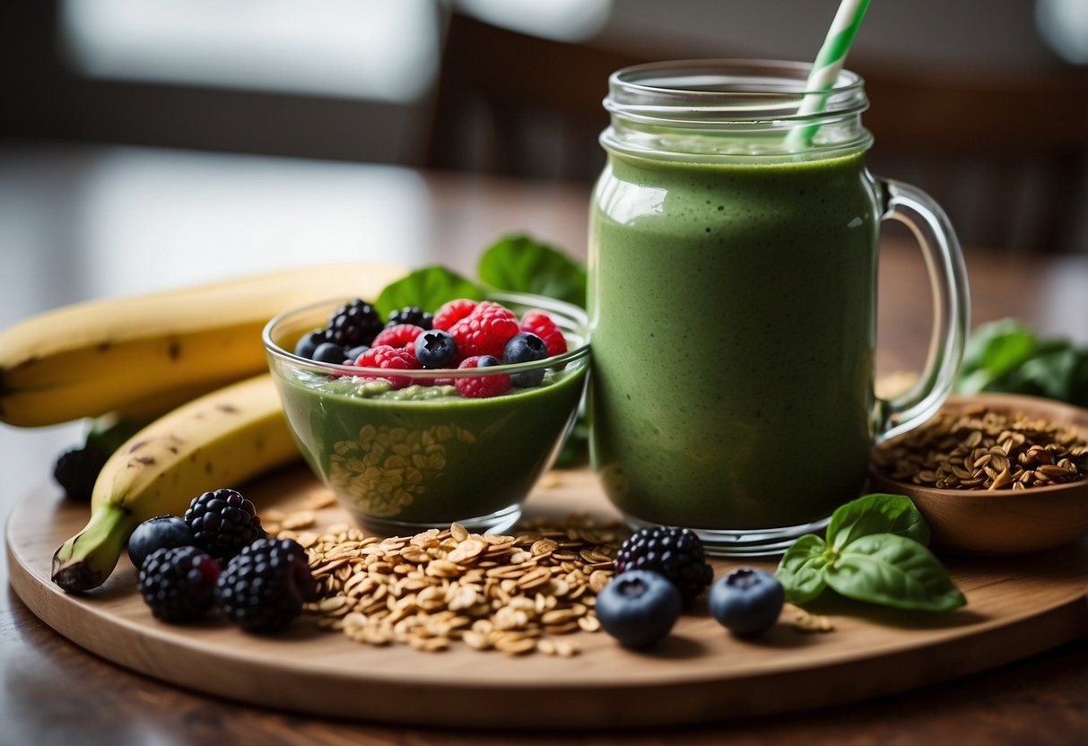 A glass filled with a green smoothie made of spinach, protein powder, and mixed berries sits on a table next to a bowl of granola and a banana