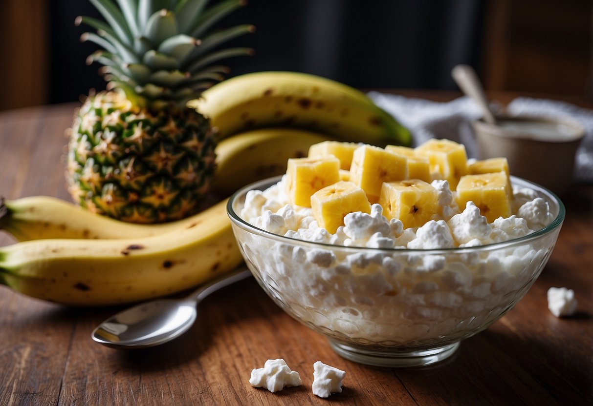 A bowl of cottage cheese topped with pineapple sits on a wooden table, surrounded by a glass of water, a banana, and a pair of running shoes