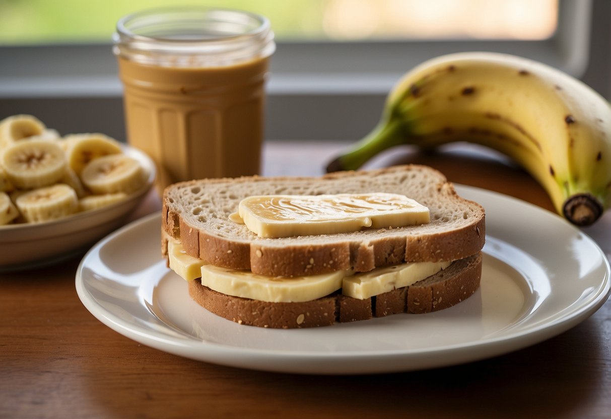 A peanut butter and banana sandwich sits on a plate next to a slice of whole wheat bread. A jar of peanut butter and a bunch of bananas are nearby