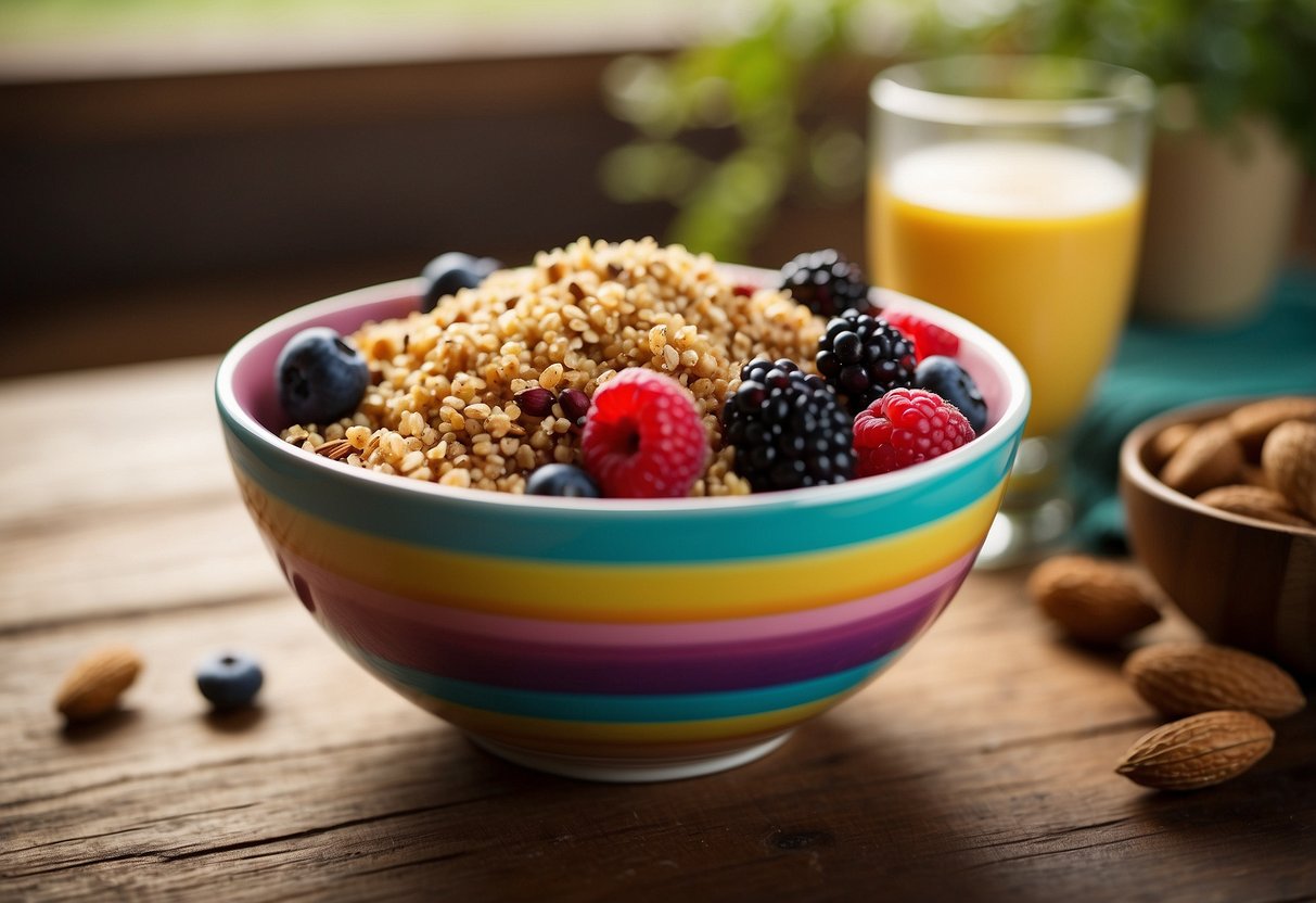 A colorful bowl filled with quinoa, fresh berries, and almond milk sits on a wooden table. The vibrant colors and textures create an inviting and energizing scene