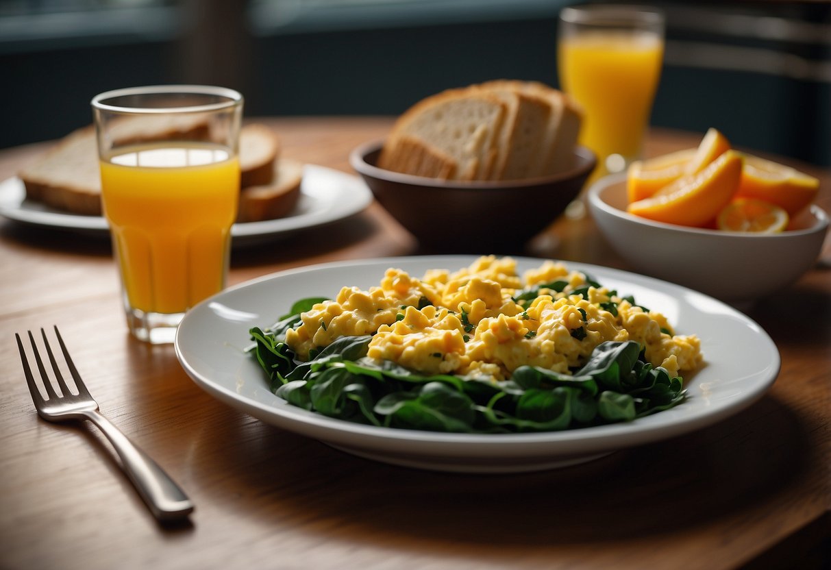 A plate of scrambled eggs with spinach and whole grain toast sits on a table, surrounded by a glass of orange juice and a running shoe