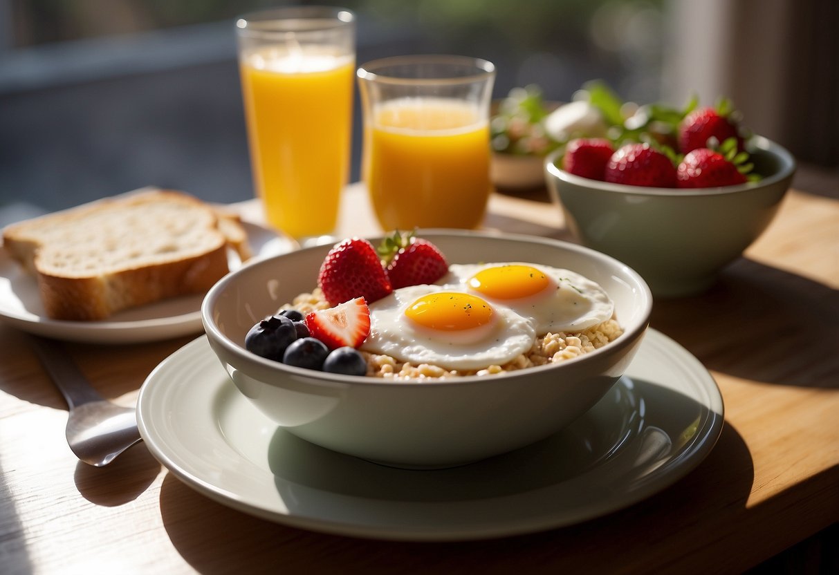 A table set with various healthy breakfast options: oatmeal, fruit, eggs, yogurt, and toast. Sunlight streams in through a window, highlighting the nutritious spread