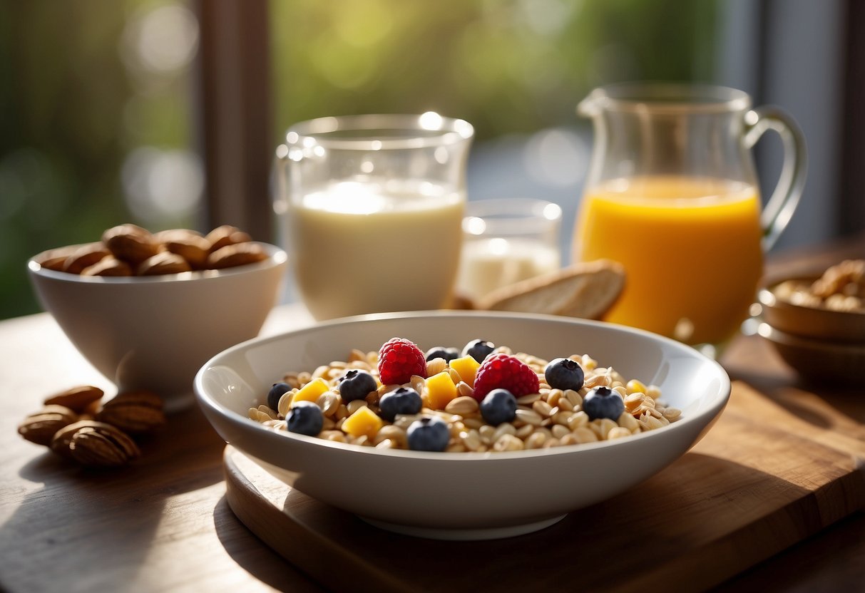 A table set with a variety of nutritious breakfast options, such as oatmeal, fruit, yogurt, and nuts. Sunlight streams in through a window, casting a warm glow on the spread