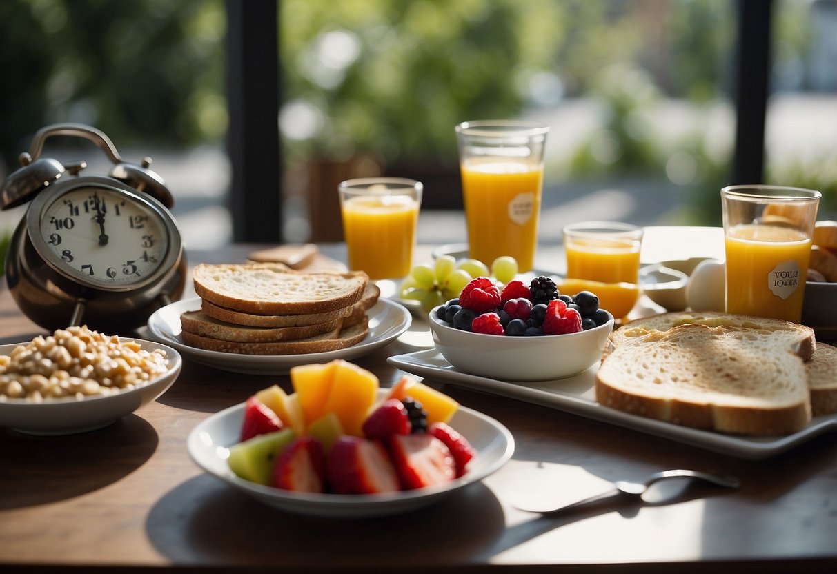 A table set with various breakfast options, including oatmeal, fruit, and toast. A clock on the wall shows the time, indicating the importance of timing the pre-run meal