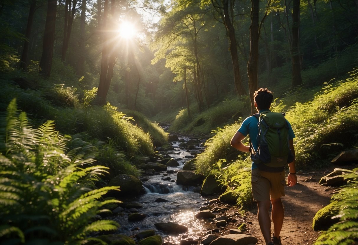 A winding trail through a lush forest, with a clear stream running alongside. Sunlight filters through the trees, casting dappled shadows on the ground. A hiker's backpack sits open, revealing a water bottle and hydration pack