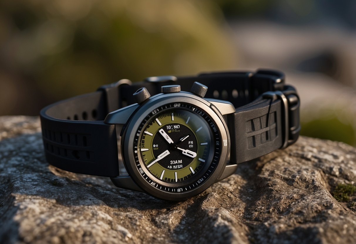 A group of trail running watches displayed on a rugged outdoor terrain, with a map and compass in the background for navigation reference