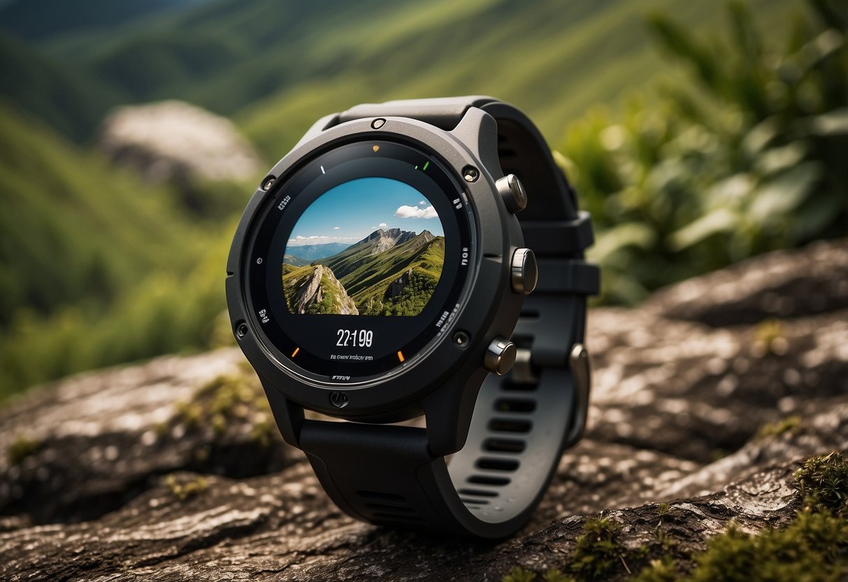 A trail running watch with GPS navigation displayed on the screen, surrounded by rugged terrain and lush greenery