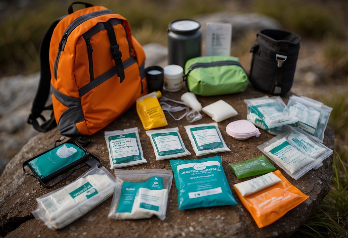 A trail runner's backpack open, with essential first aid items neatly organized inside: bandages, antiseptic wipes, blister treatment, pain relievers, and a compact first aid guide