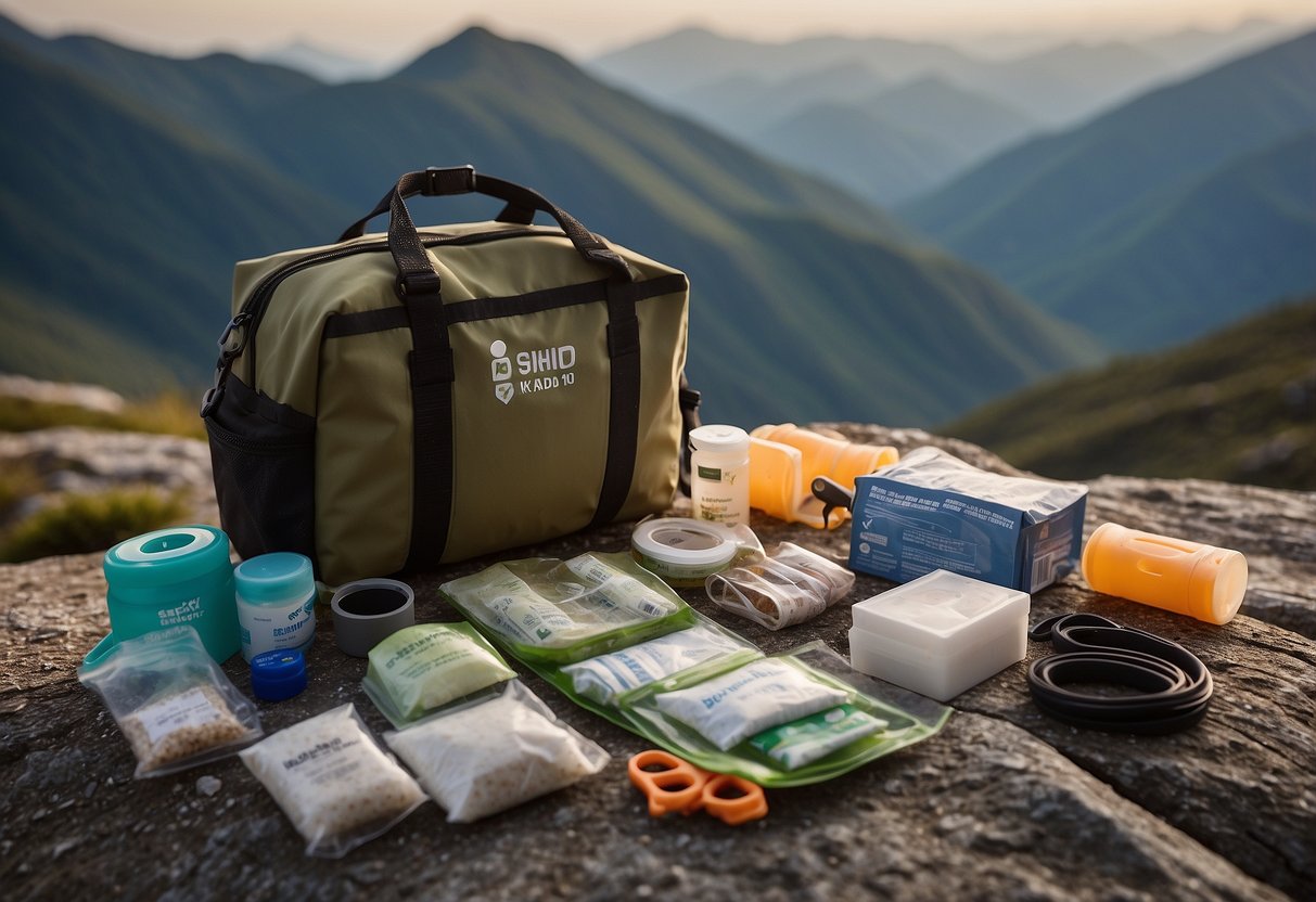 A trail runner's first aid kit lies open, displaying adhesive bandages and other essential items against a backdrop of rugged terrain