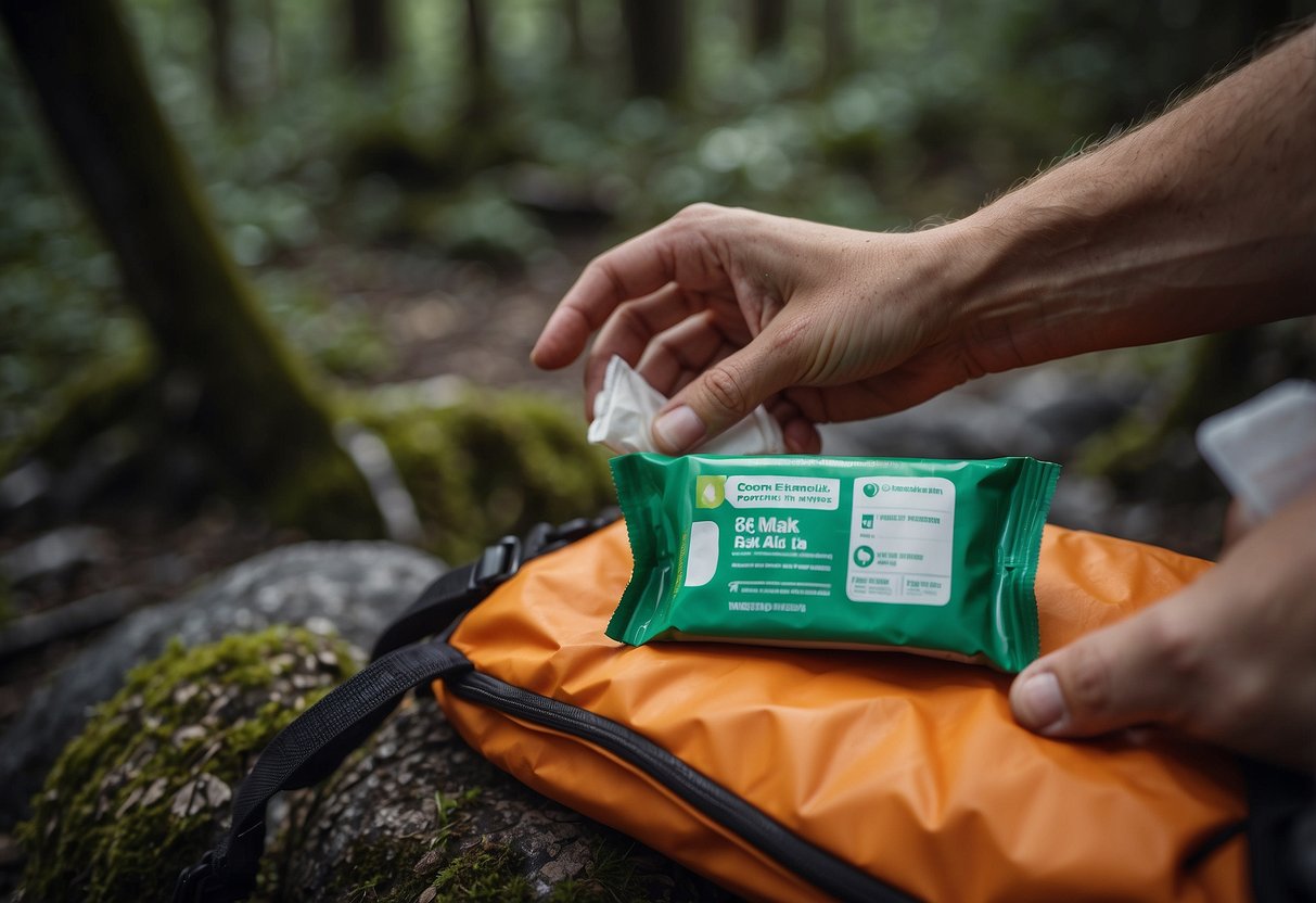 A hand reaches into a trail running pack, pulling out a packet of antiseptic wipes among other essential first aid items