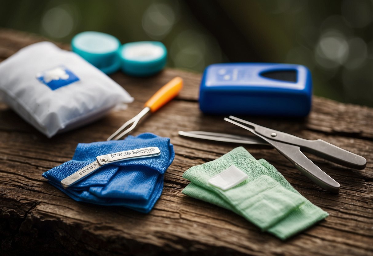 A pair of tweezers sits alongside other first aid items, including bandages and antiseptic wipes, on a trail running pack