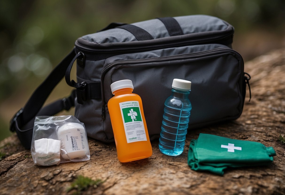 A triangular bandage lies neatly folded next to a first aid kit, surrounded by essential trail running items like a water bottle, energy gels, and a compass