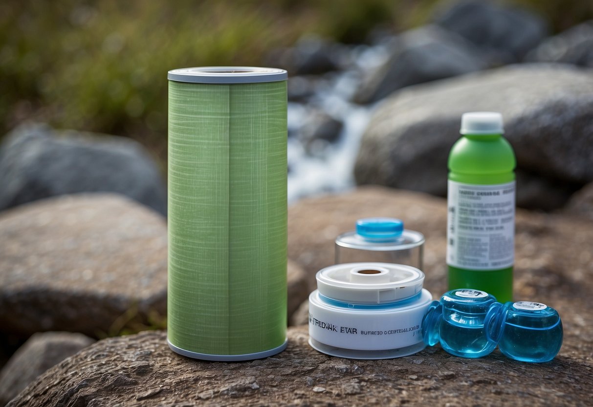 A roll of medical tape sits next to a water bottle and energy gels on a rocky trail