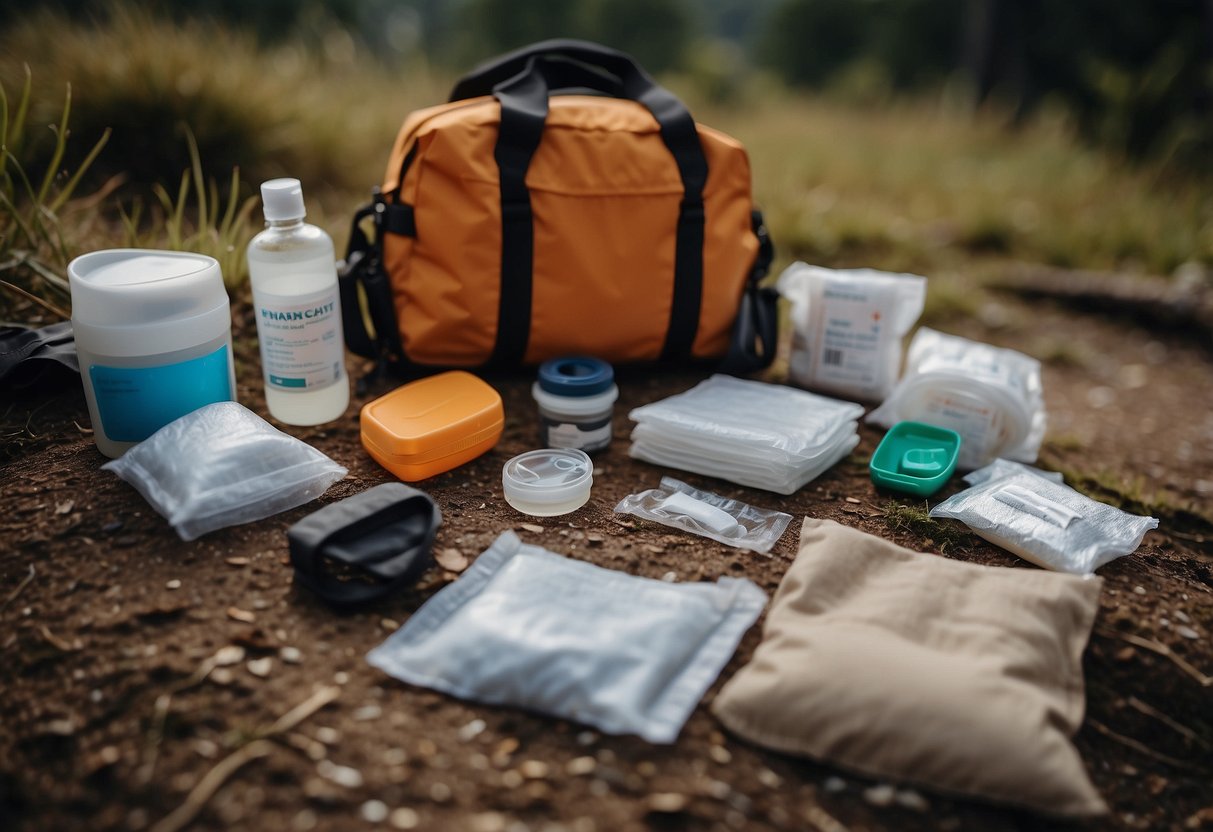 A trail runner's first aid kit open on the ground, with gauze pads, bandages, and other essential items spread out