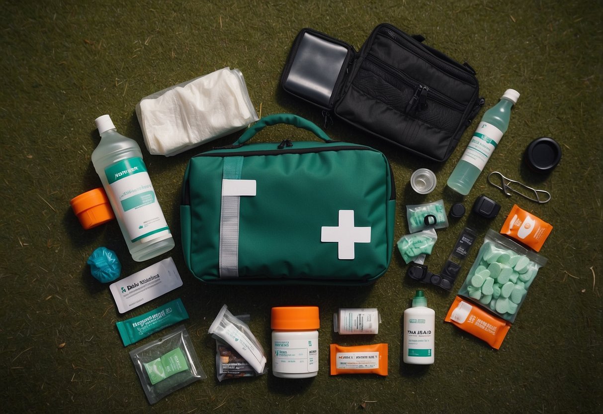 A trail runner's first aid kit with alcohol swabs, bandages, and other essential items laid out on a flat surface