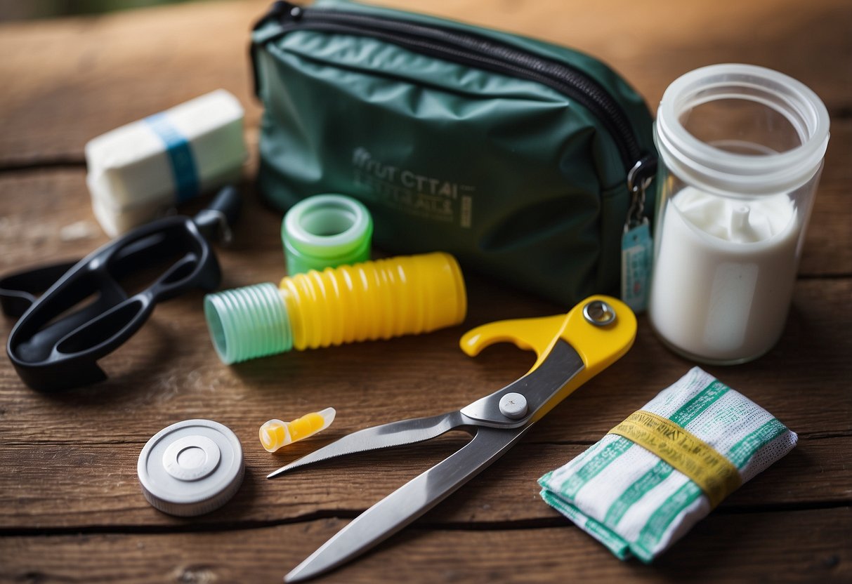 A pair of scissors sits alongside 10 essential first aid items for trail running, including bandages, antiseptic wipes, and a whistle