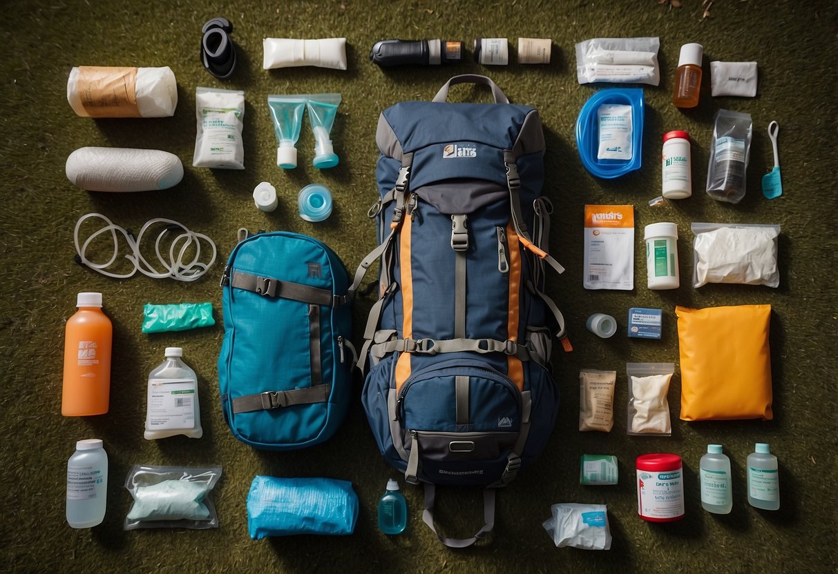 A trail runner's backpack open, showing essential first aid items neatly organized: bandages, antiseptic wipes, gauze, scissors, tweezers, tape, pain relievers, blister treatment, and a CPR mask