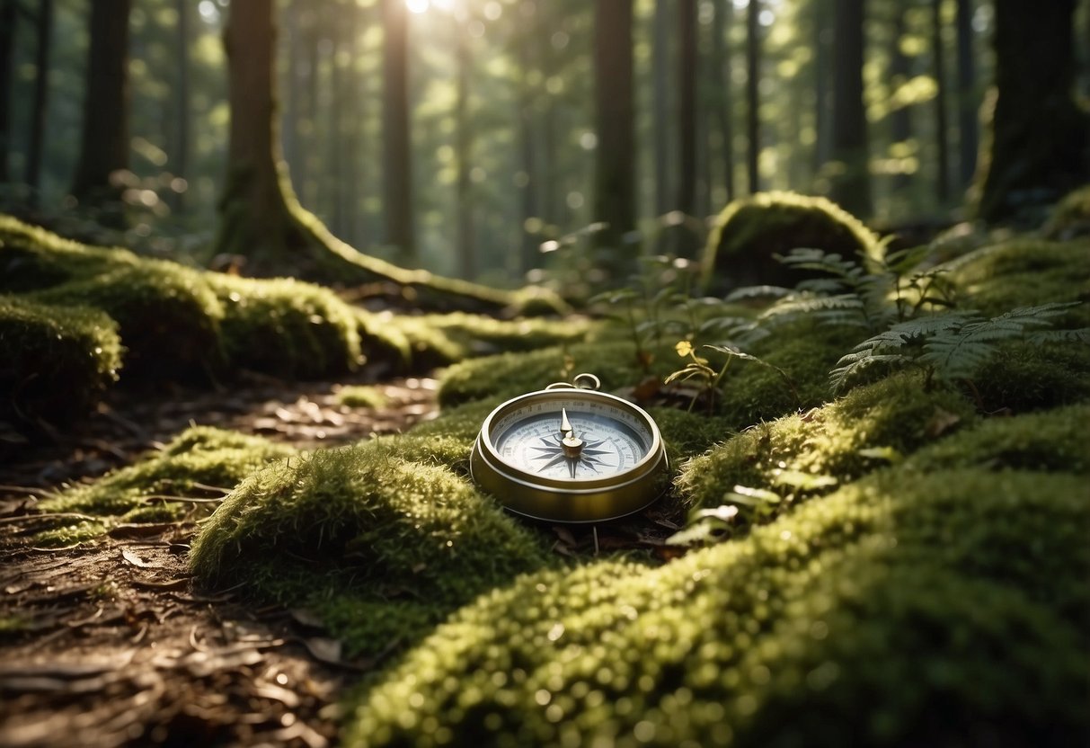 A winding trail cuts through dense forest, with a compass and map in the foreground. Sunlight filters through the trees, casting dappled shadows on the moss-covered ground