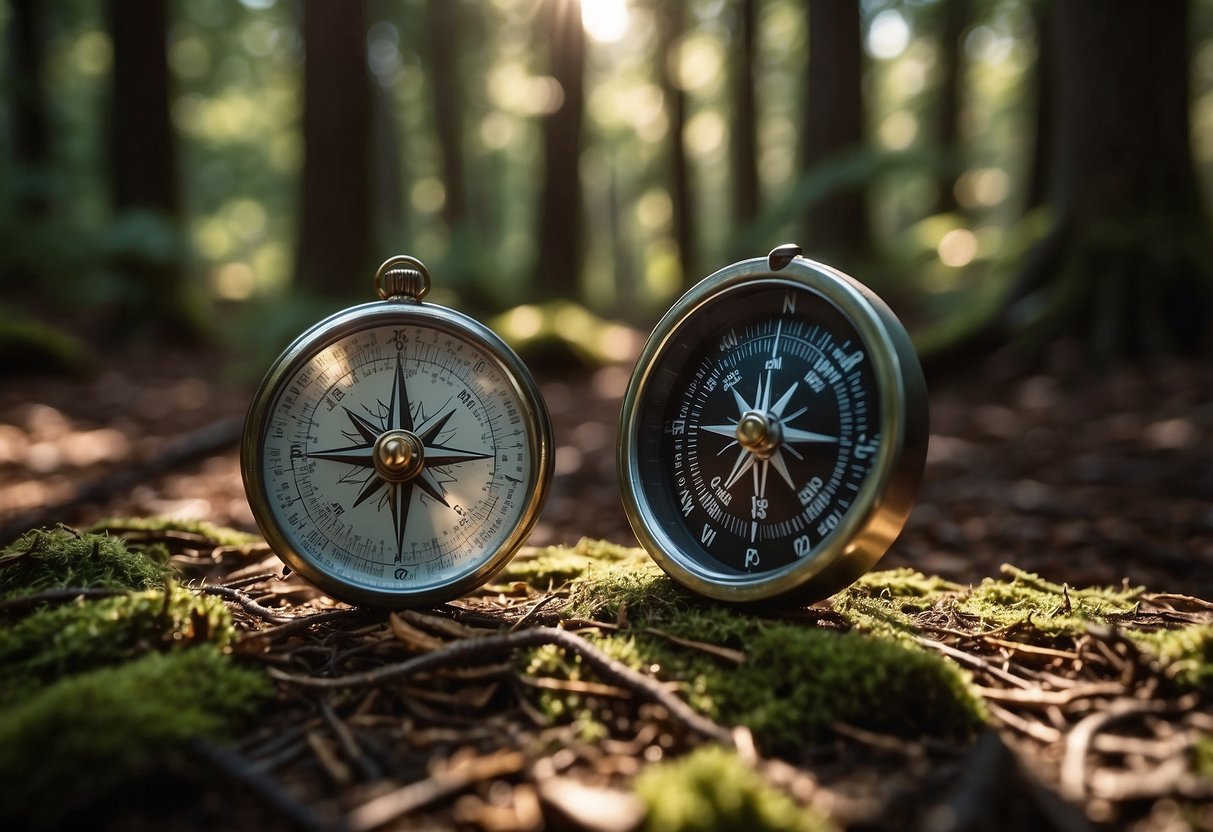 A compass pointing north in a dense forest, surrounded by tall trees and a clear trail ahead. Sunlight filters through the canopy, casting dappled shadows on the ground