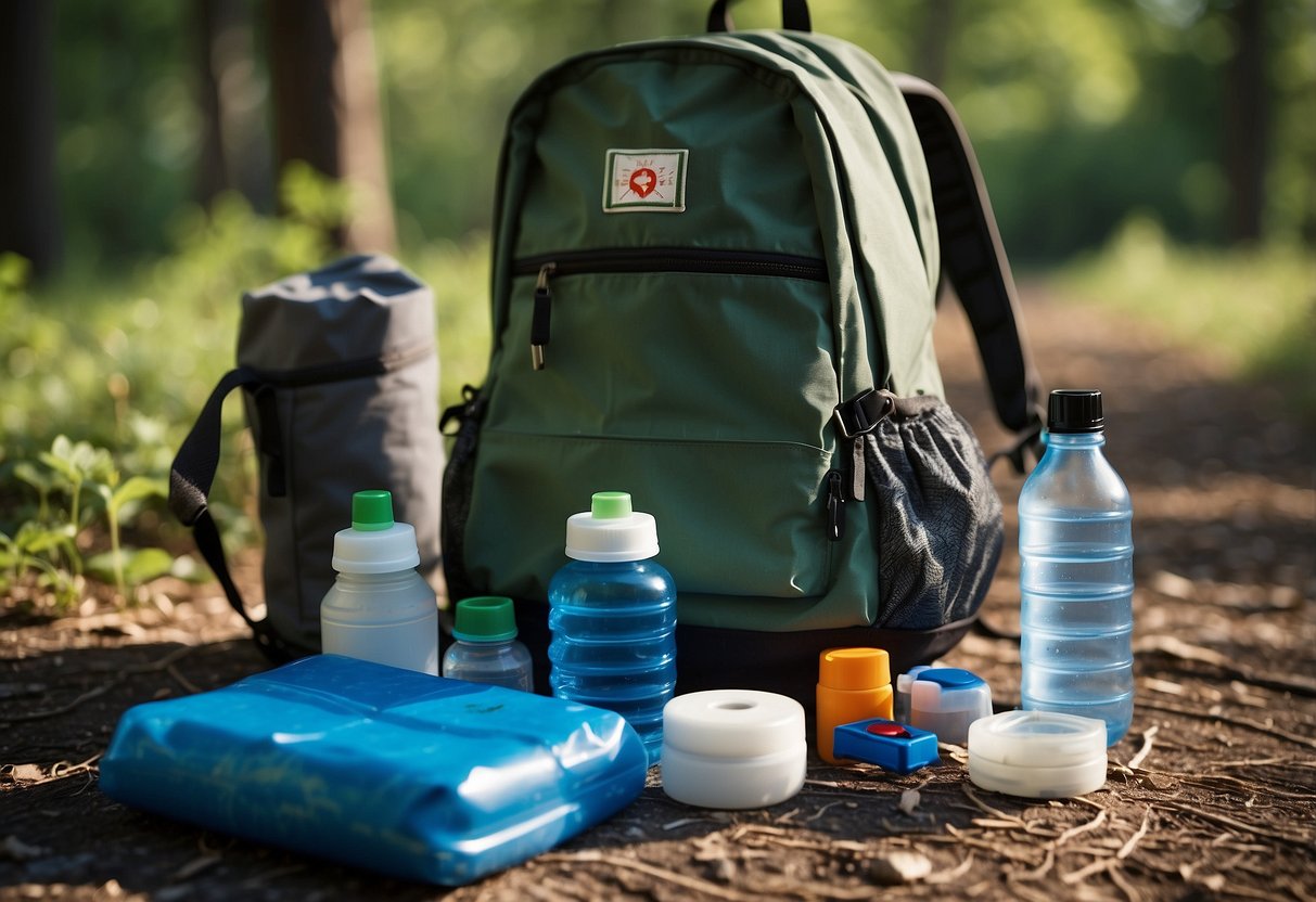 A backpack with water bottles, a map, compass, and a first aid kit laid out on the ground, surrounded by trees and a clear blue sky