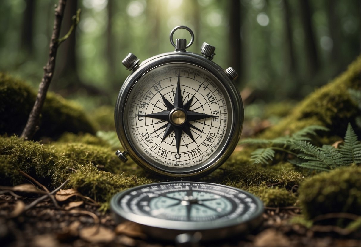 A figure constructs a shelter using branches and leaves in a dense forest. A compass and map lay nearby, guiding the way