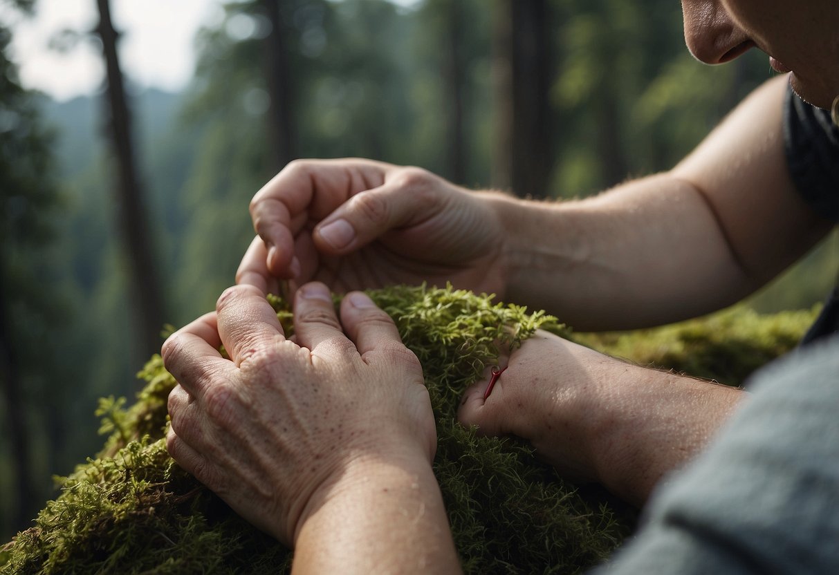 A person applying first aid to a wound in the wilderness, surrounded by trees and a clear sky