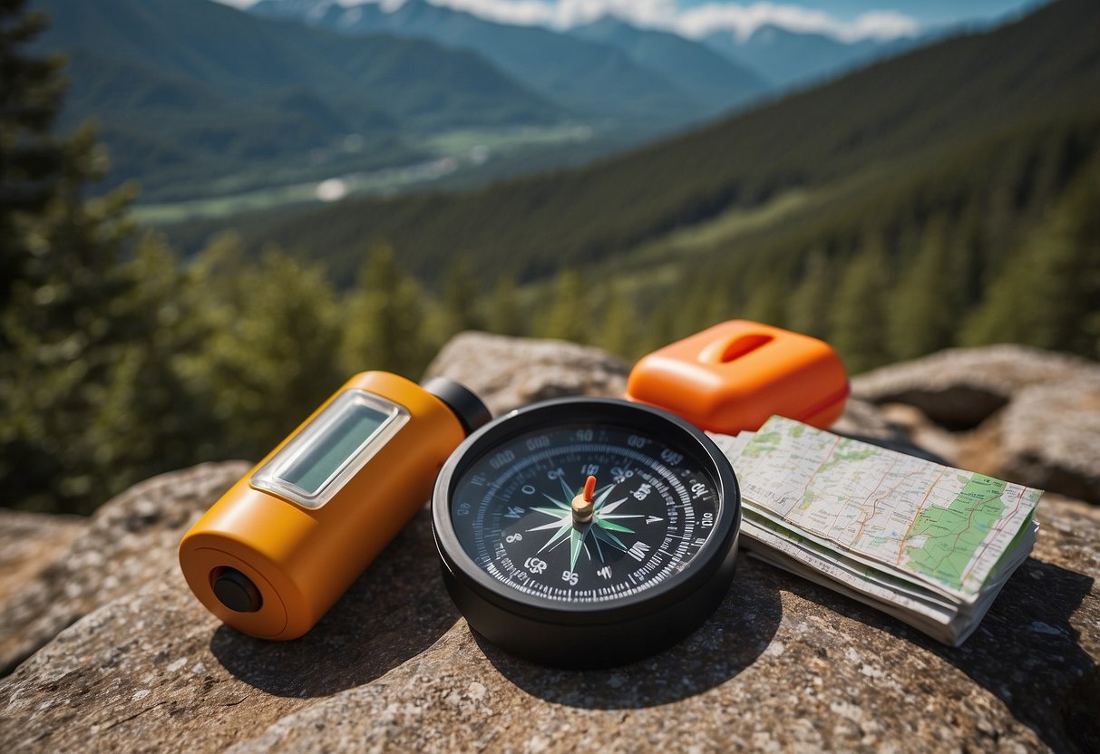 A compass, map, and GPS lay on a rocky trail. A backpack with water bottles and a first aid kit sits nearby. Trees and mountains surround the scene