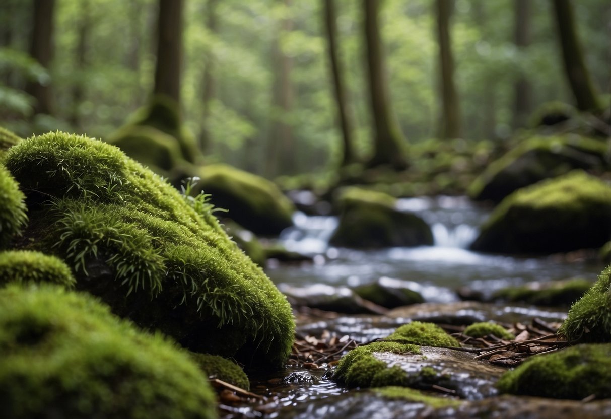 A forest clearing with a moss-covered rock pointing towards the north, a cluster of trees with a noticeable lean to the south, and a stream flowing from east to west