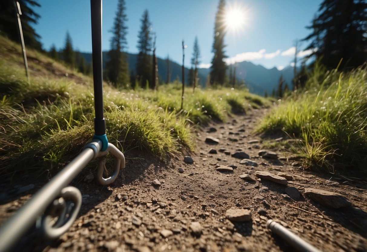 A mountain trail with 5 top-rated running poles laid out on the ground, surrounded by lush greenery and a clear blue sky