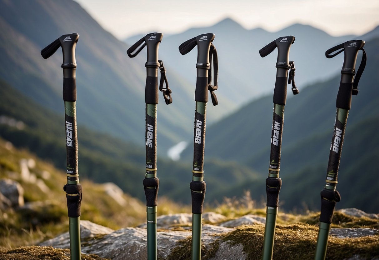 Five Montem Ultra Strong trail running poles arranged in a dynamic and powerful composition, showcasing their durability and reliability for outdoor adventures